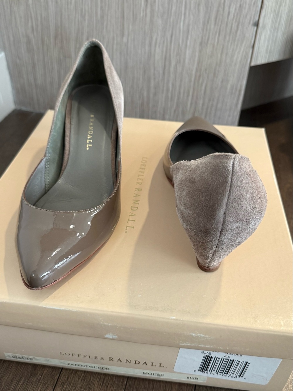 Loeffler Randall Taupe Patent Toe & Suede Heel Pointed Flats
